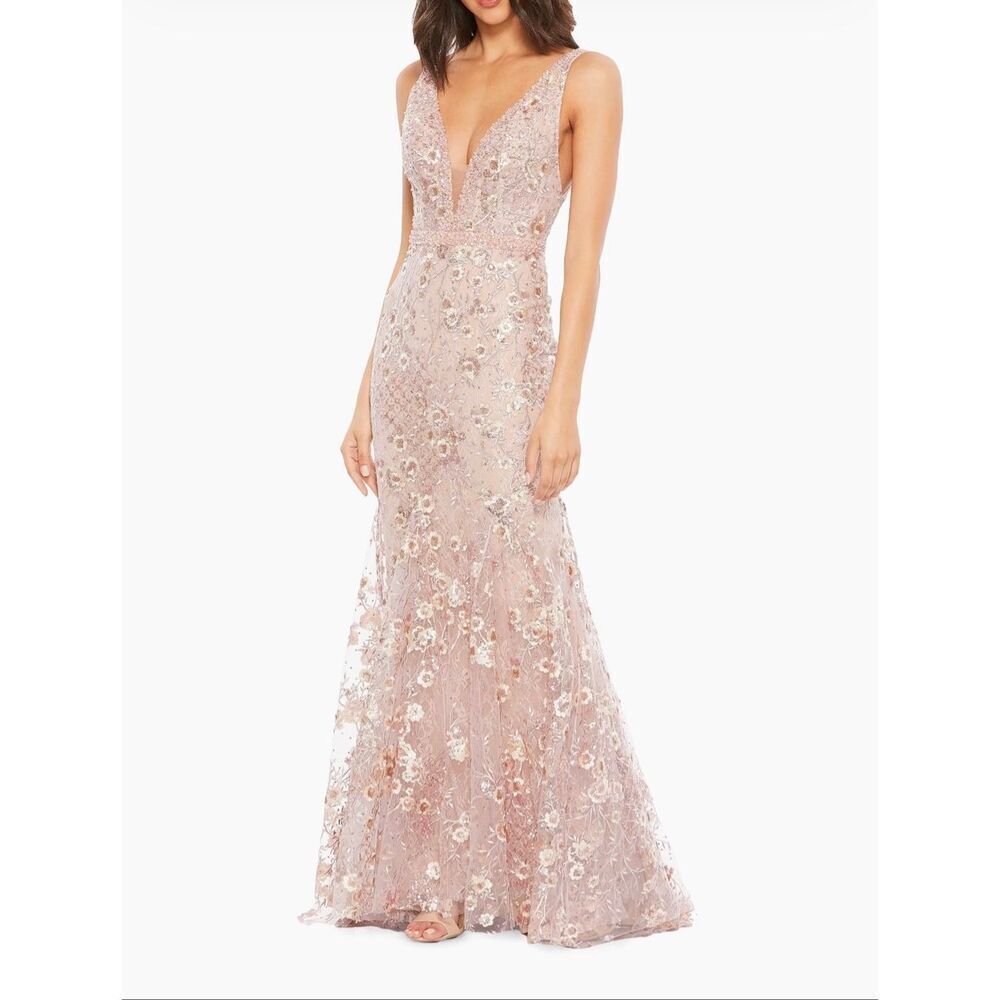 MacDuggal Size 0 Floral Embellished Plunge Neck Gown Rose Pink Formal Prom NWT